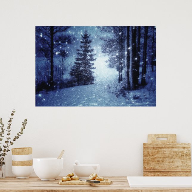 Blue Moonlit Magical Forest Winter Scene Poster (Kitchen)