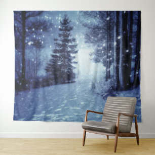 Blue Moonlit Magical Forest Winter Scene Tapestry