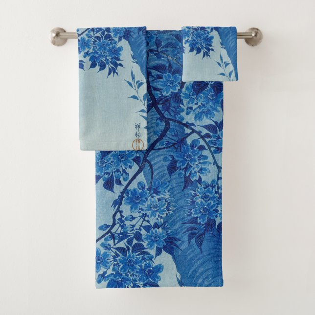 Blue Moonlit Tree: Japanese Cherry Blossom Night Bath Towel Set (Insitu)