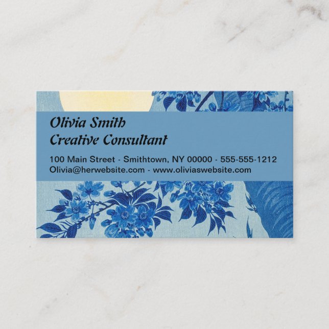 Blue Moonlit Tree: Japanese Cherry Blossom Night Business Card (Front)