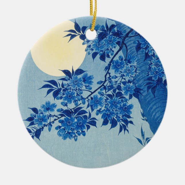Blue Moonlit Tree: Japanese Cherry Blossom Night Ceramic Ornament (Front)