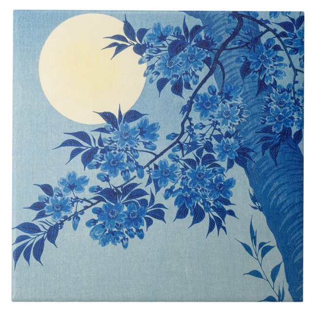 Blue Moonlit Tree: Japanese Cherry Blossom Night Ceramic Tile (Front)