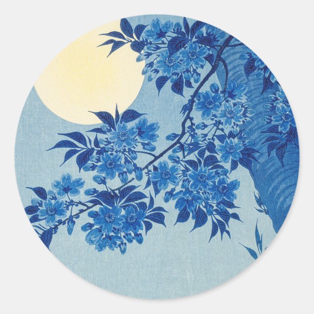 Blue Moonlit Tree: Japanese Cherry Blossom Night Classic Round Sticker (Front)