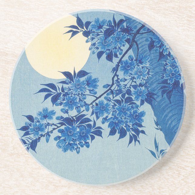 Blue Moonlit Tree: Japanese Cherry Blossom Night Coaster (Front)