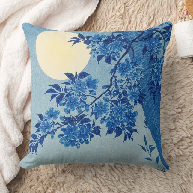 Blue Moonlit Tree: Japanese Cherry Blossom Night Cushion (Blanket)