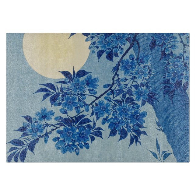 Blue Moonlit Tree: Japanese Cherry Blossom Night Cutting Board (Front)