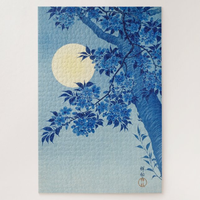 Blue Moonlit Tree: Japanese Cherry Blossom Night Jigsaw Puzzle (Vertical)