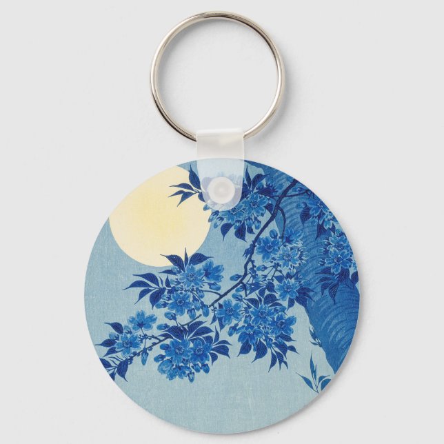 Blue Moonlit Tree: Japanese Cherry Blossom Night Key Ring (Front)
