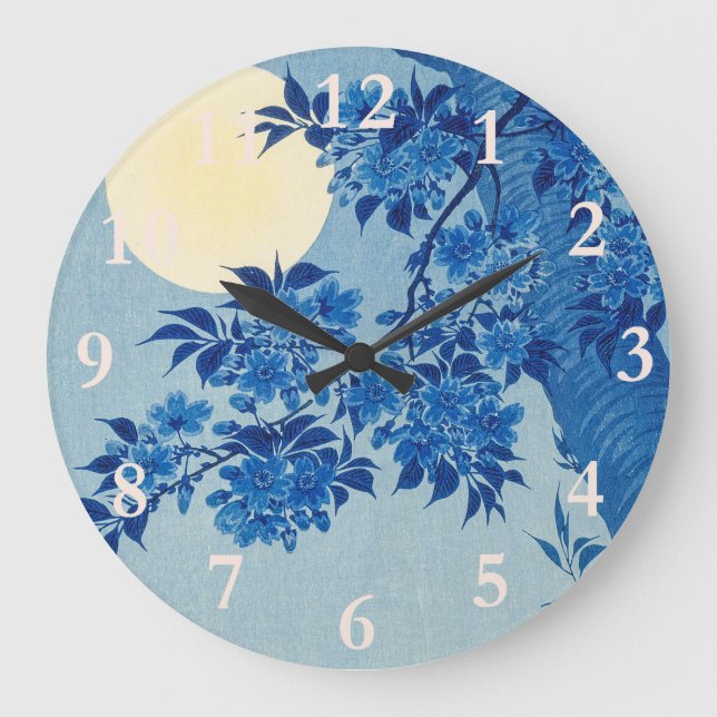 Blue Moonlit Tree: Japanese Cherry Blossom Night Large Clock (Front)