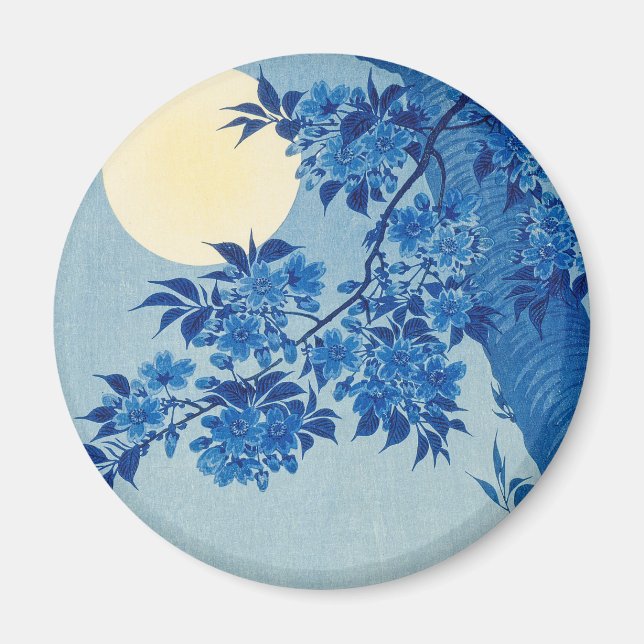 Blue Moonlit Tree: Japanese Cherry Blossom Night Magnet (Front)