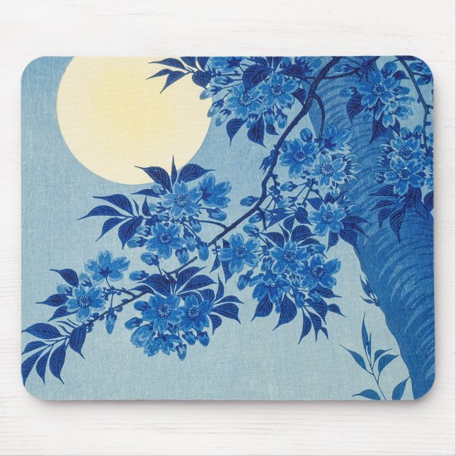Blue Moonlit Tree: Japanese Cherry Blossom Night Mouse Pad (Front)