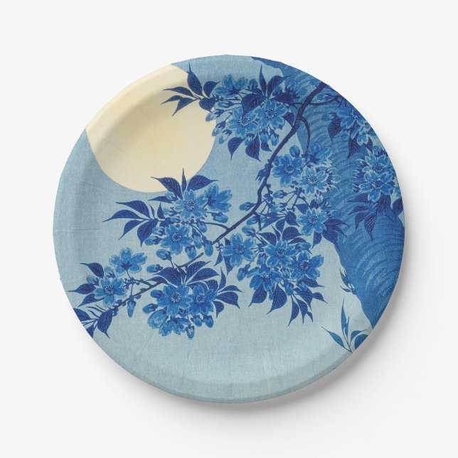 Blue Moonlit Tree: Japanese Cherry Blossom Night Paper Plate (Front)