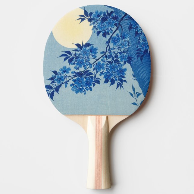Blue Moonlit Tree: Japanese Cherry Blossom Night Ping Pong Paddle (Front)