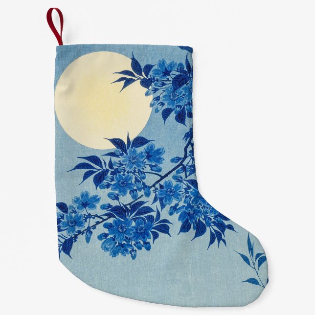 Blue Moonlit Tree: Japanese Cherry Blossom Night Small Christmas Stocking (Front)