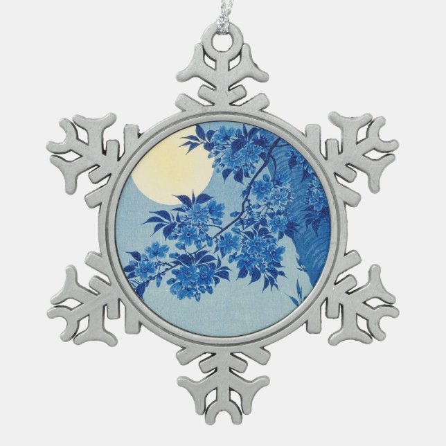 Blue Moonlit Tree: Japanese Cherry Blossom Night Snowflake Pewter Christmas Ornament (Front)