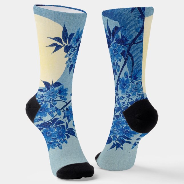 Blue Moonlit Tree: Japanese Cherry Blossom Night Socks (Angled)