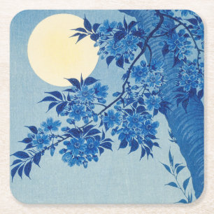 Blue Moonlit Tree: Japanese Cherry Blossom Night Square Paper Coaster
