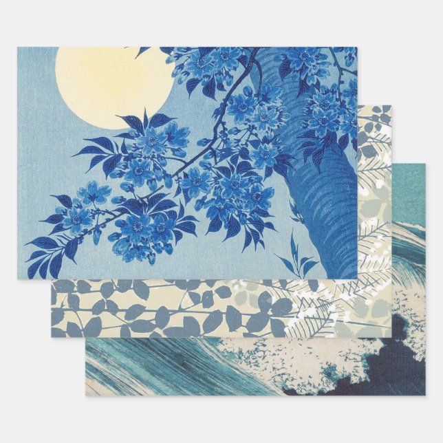 Blue Moonlit Tree: Japanese Cherry Blossom Night Wrapping Paper Sheet (Set)