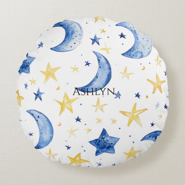 Blue Moons Gold Stars Round Cushion (Front)