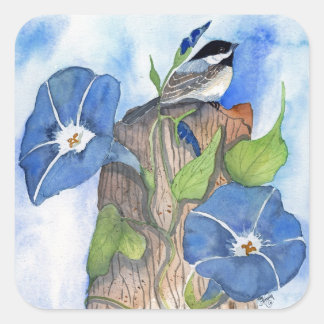 Blue Morning Glories and Chickadee Square Sticker