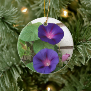 Blue Morning Glories Climbing Brick Wall Ceramic Tree Decoration