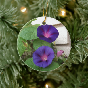 Blue Morning Glories Climbing Brick Wall Ceramic Tree Decoration