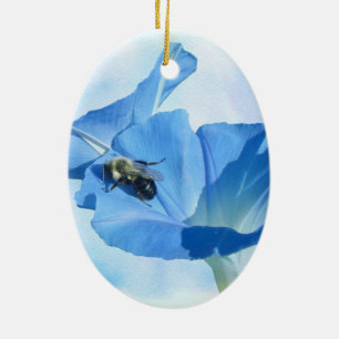 Blue Morning Glory and Bumblebee Ceramic Ornament