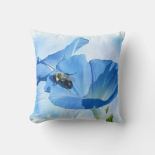 Blue Morning Glory and Bumblebee Cushion
