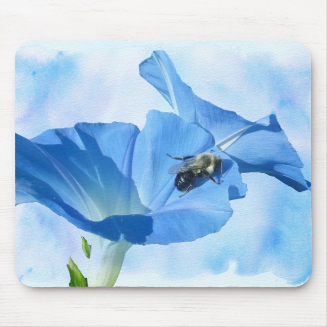 Blue Morning Glory and Bumblebee Mouse Pad (Front)