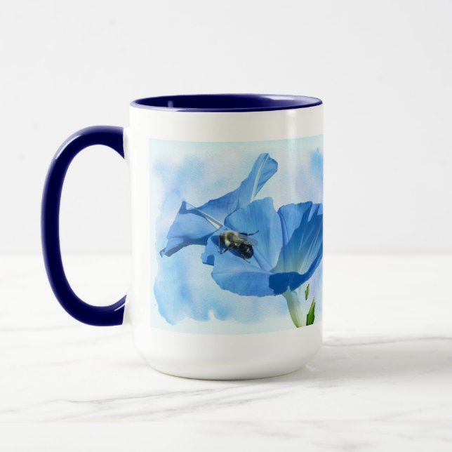 Blue Morning Glory and Bumblebee Mug (Left)