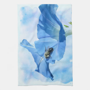 Blue Morning Glory and Bumblebee Tea Towel