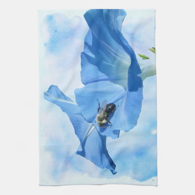 Blue Morning Glory and Bumblebee Tea Towel (Vertical)