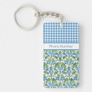 Blue Morning Glory and Check Gingham Keychain