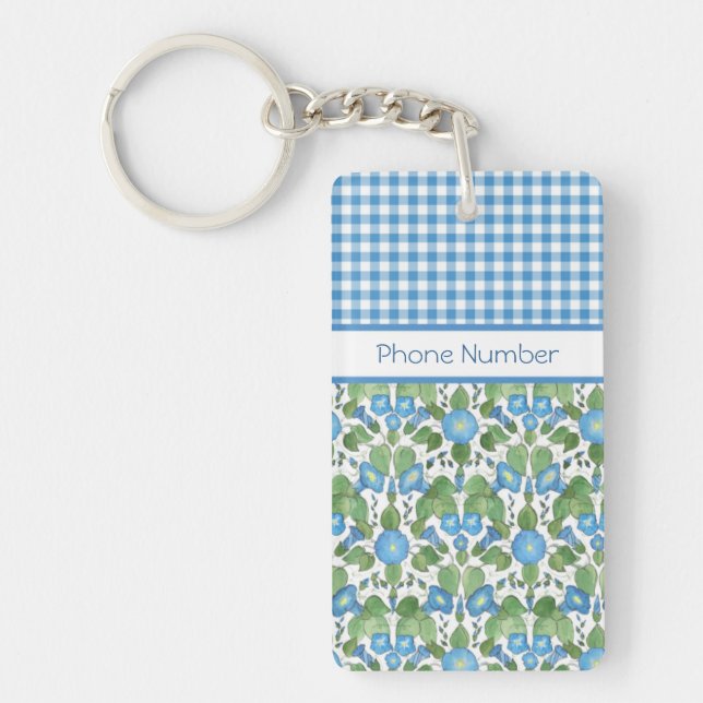 Blue Morning Glory and Check Gingham Keychain (Front)