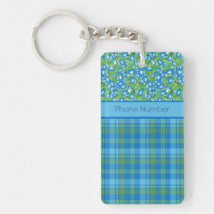 Blue Morning Glory and Plaid Oblong Keychain