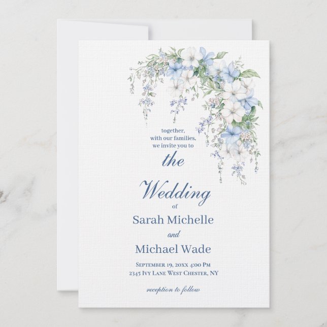 Blue Morning Glory Calligraphy Wedding Invitation (Front)