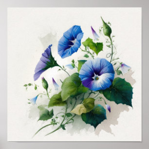 Blue Morning Glory Flowers Art Print Poster