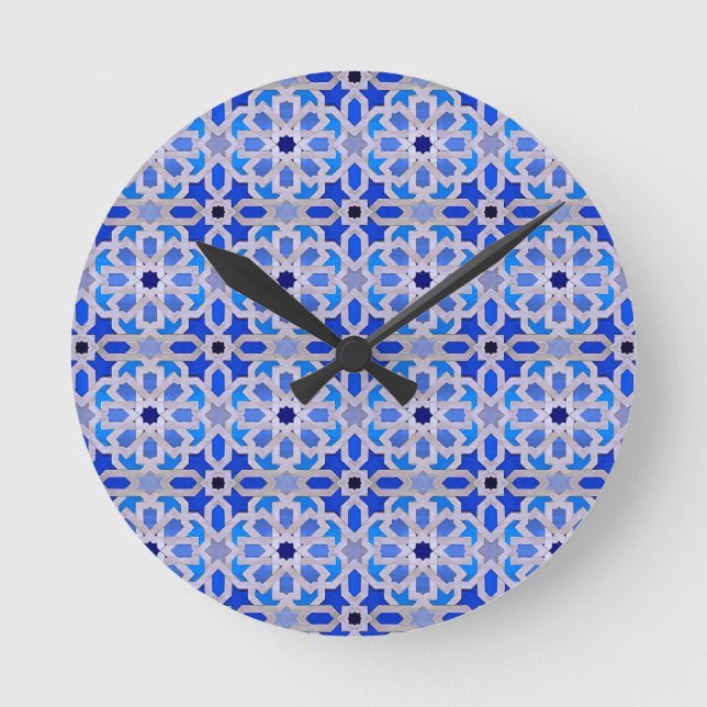 Blue Moroccan Geometric Pattern Round Clock (Front)
