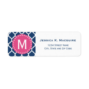 Blue Moroccan Lattice Pink Monogram Frame Return Address Label