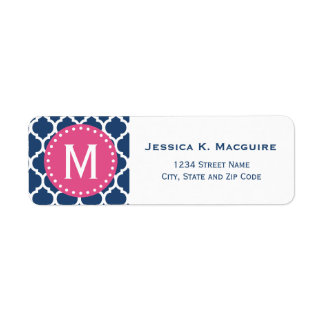 Blue Moroccan Lattice Pink Monogram Frame Return Address Label