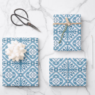 Blue Moroccan Mediterranean Tile Pattern Wrapping Paper Sheet