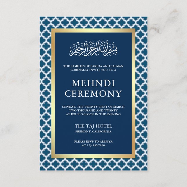 Blue Moroccan Quatrefoil Islamic  Mehndi Ceremony Enclosure Card (Front)