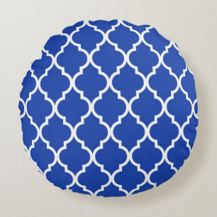 Blue Moroccan Quatrefoil Lattice Pattern Round Cushion