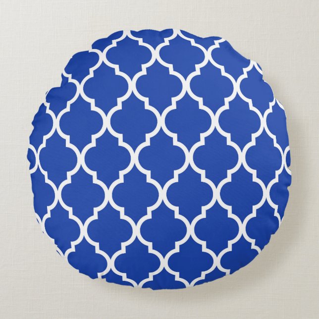 Blue Moroccan Quatrefoil Lattice Pattern Round Cushion (Front)