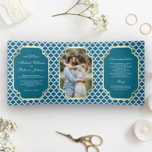 Blue Moroccan Quatrefoil Pattern Wedding Photo Tri-Fold Invitation