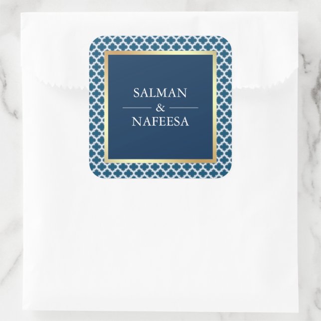 Blue Moroccan Quatrefoil Pattern Wedding Square Sticker (Bag)