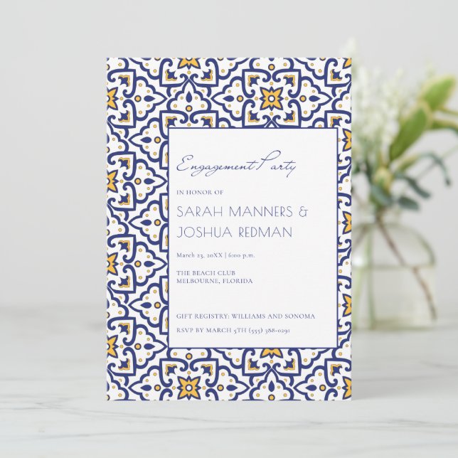 Blue Moroccan Tile Engagement Party Invitation (Standing Front)