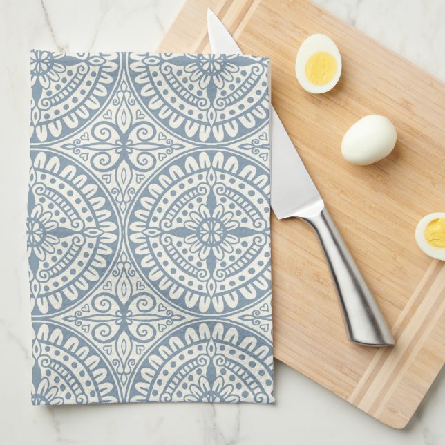 Blue Moroccan Tile Pattern Tea Towel (Quarter Fold)