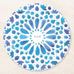 Blue Moroccan Tiles Initials Wedding Logo Round Paper Coaster