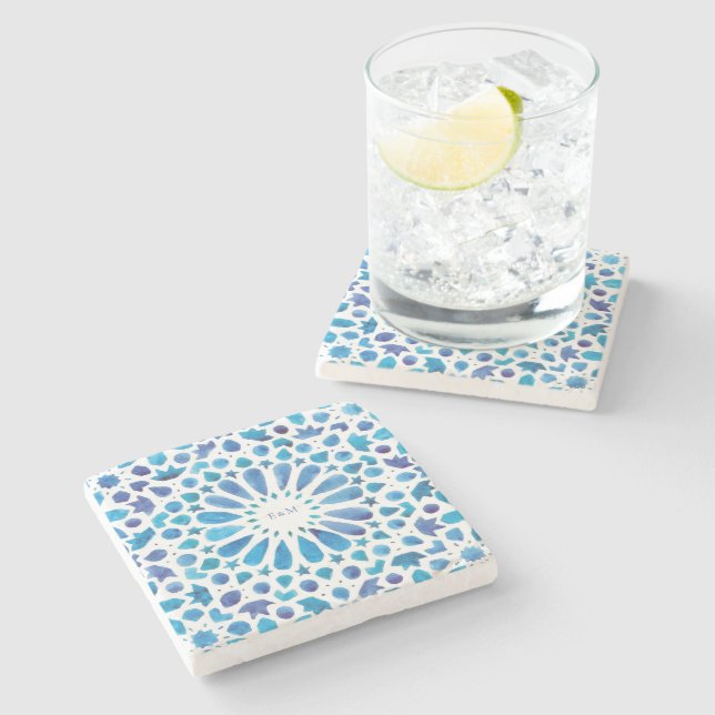 Blue Moroccan Tiles Monogram Wedding Stone Coaster (Side)